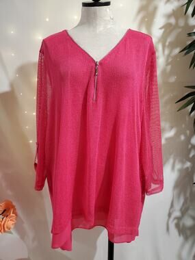 Joseph Ribkoff 1/4 Zip Mesh Overlay Top Plus Size 22 Hot Pink Roll Tab Sleeve